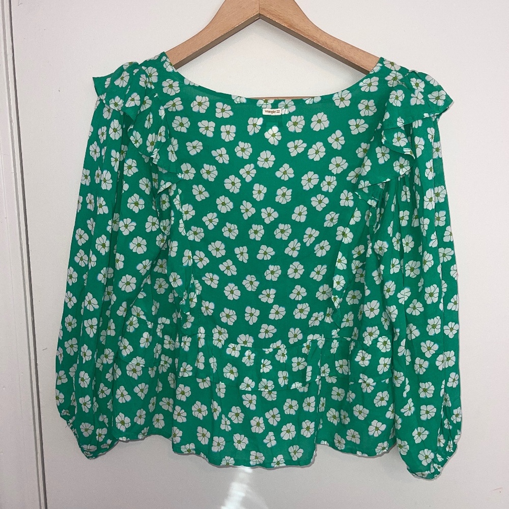 Wrangler Billabong Green and White Floral Loose Fit Cropped Blouse Top Size Med - Picture 7 of 7